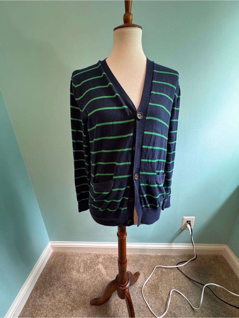 Polo by Ralph Lauren Navy & Green Striped V-Neck Cardigan